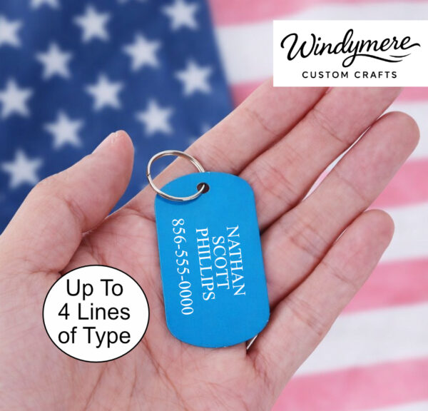Dog Tag in use Custom Laser-Etched Anodized Aluminum Dog Tag